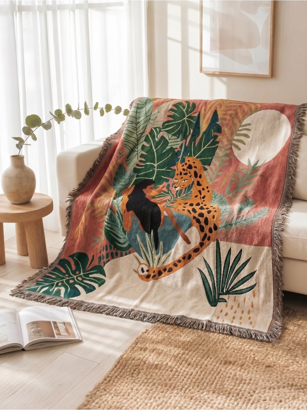 NEW Anthro Boho Jungle Tiger Tassel Cotton Throw Blanket Bedspread - 63" x 51"